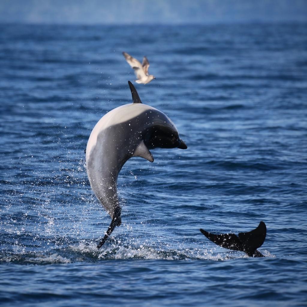 Delfín saltando sobre el mar con una gaviota cerca